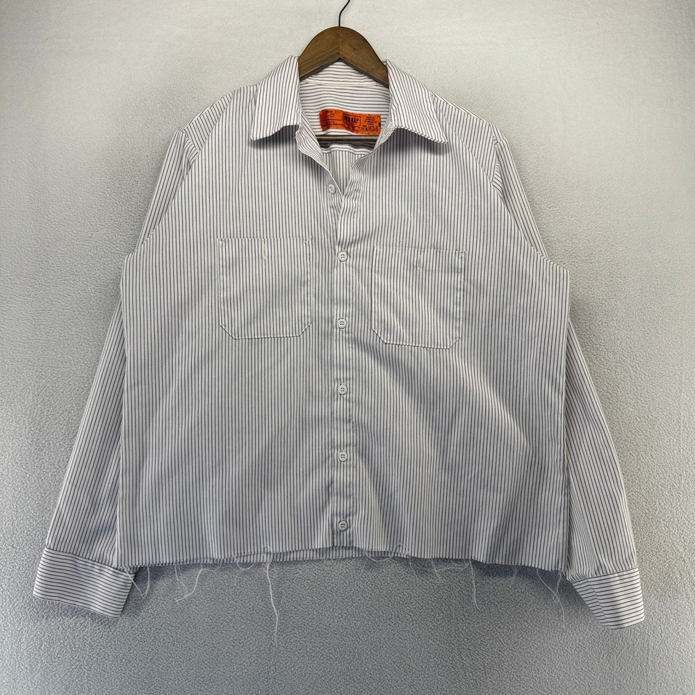 Vintage Red Kap Work Shirt men's Large White Striped Cut Cropped Raw Hem 90s